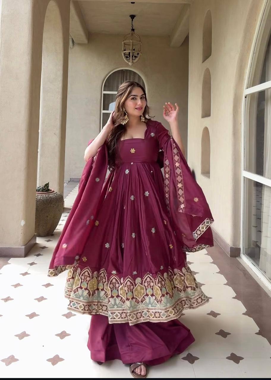 Wedding Wear Wine Natural Crepe Silk Anarkali Suit for Women