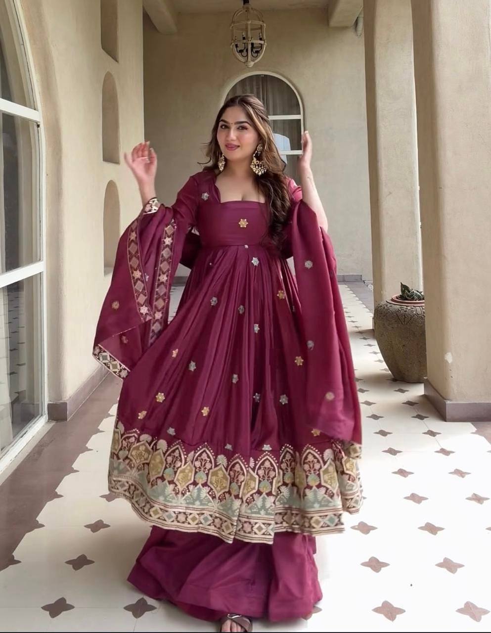 Wedding Wear Wine Natural Crepe Silk Anarkali Suit for Women