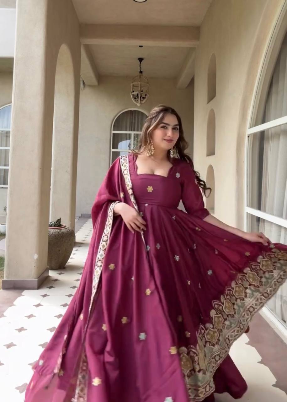 Wedding Wear Wine Natural Crepe Silk Anarkali Suit for Women