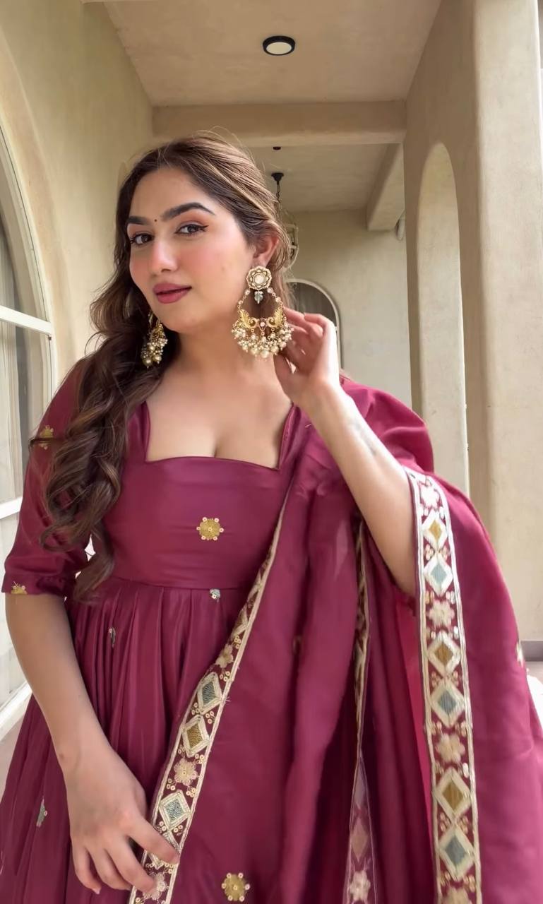 Wedding Wear Wine Natural Crepe Silk Anarkali Suit for Women