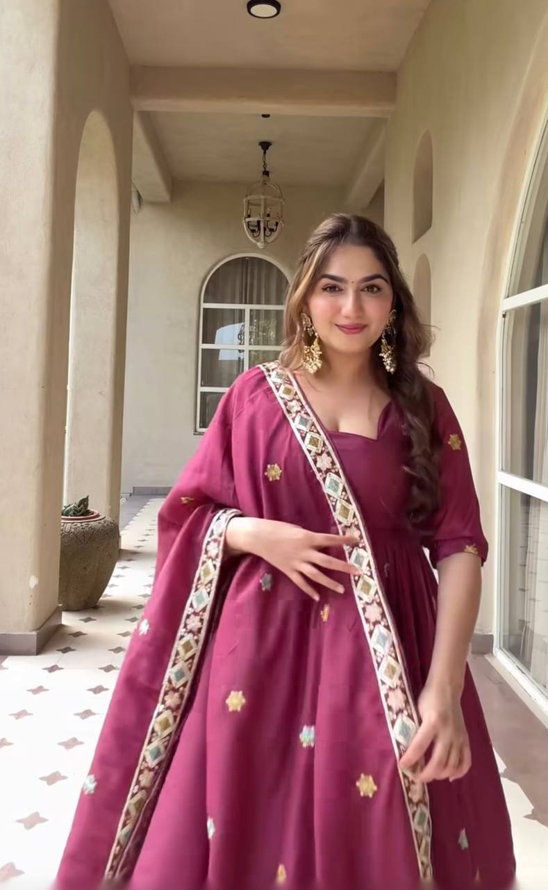 Wedding Wear Wine Natural Crepe Silk Anarkali Suit for Women