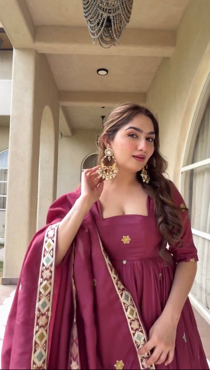 Wedding Wear Wine Natural Crepe Silk Anarkali Suit for Women
