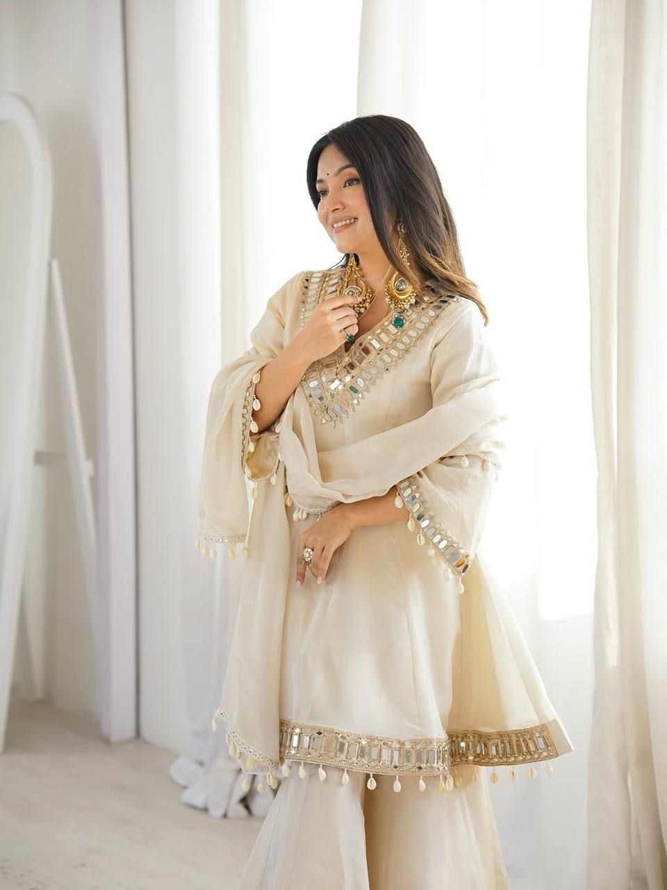 Elegant Organza Silk Mirror Work Sharara Suit Set with Dupatta