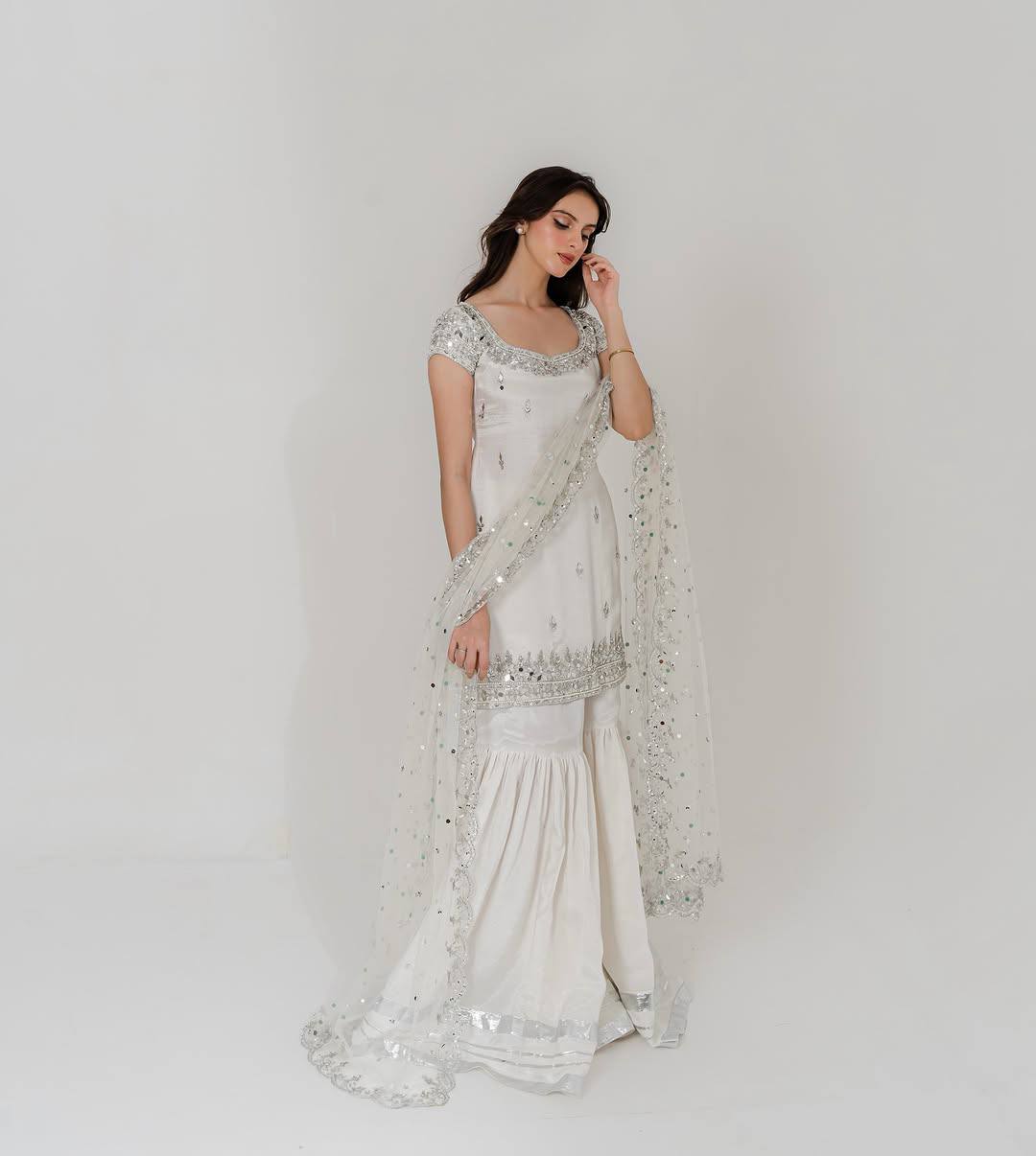 Ivory White Faux Georgette Sharara Suit with Heavy Embroidery, Sequin & Real Mirror Handwork Dupatta