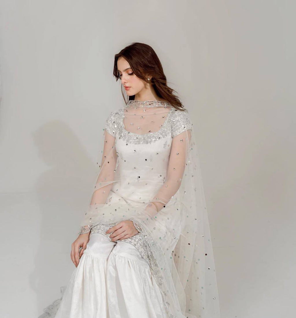 Ivory White Faux Georgette Sharara Suit with Heavy Embroidery, Sequin & Real Mirror Handwork Dupatta