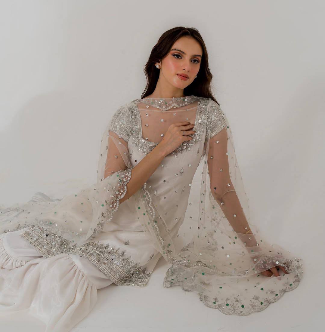 Ivory White Faux Georgette Sharara Suit with Heavy Embroidery, Sequin & Real Mirror Handwork Dupatta