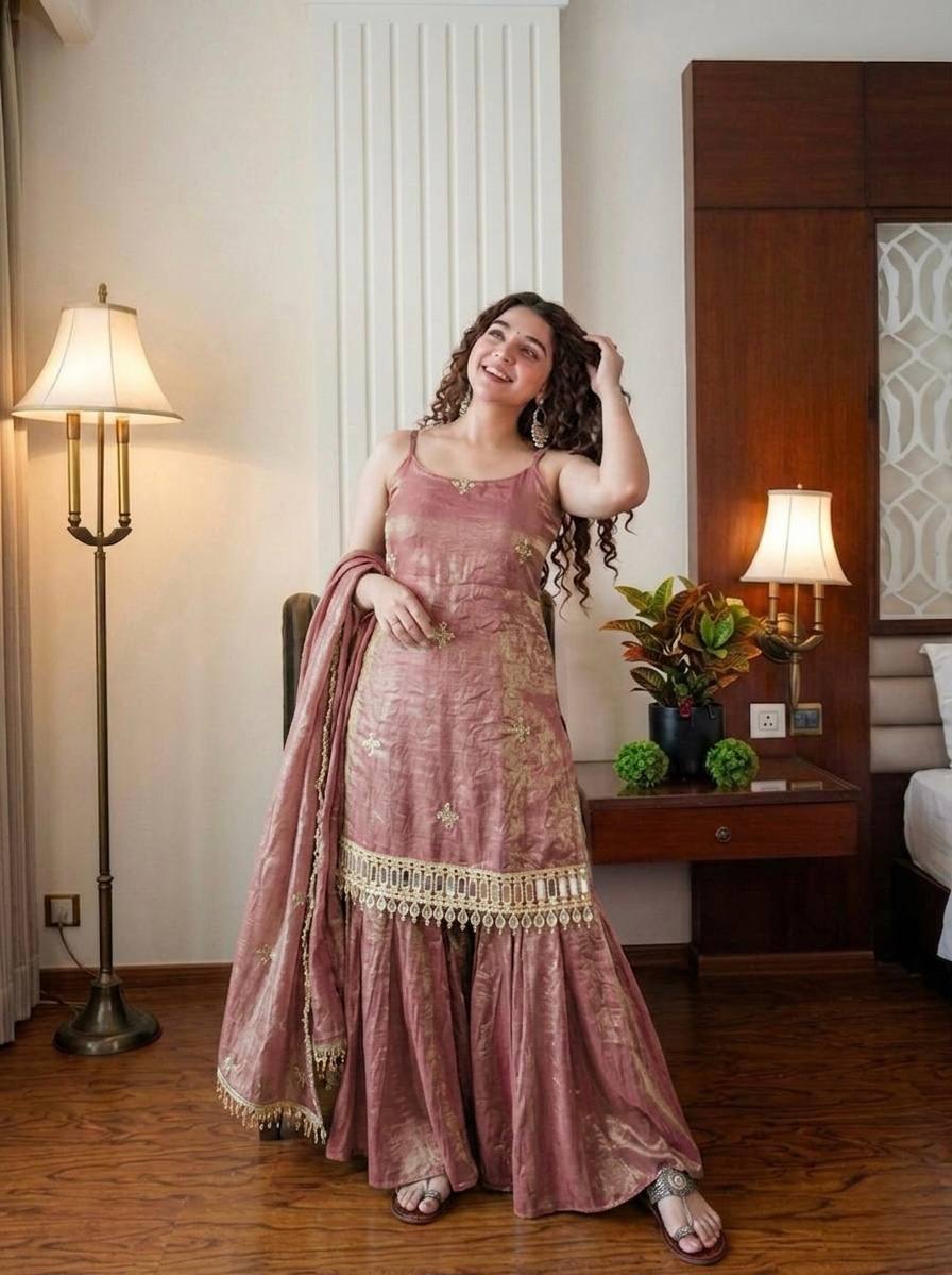 Elegant Teal Fendy Silk Embroidered Sharara Set with Mirror Work Dupatta
