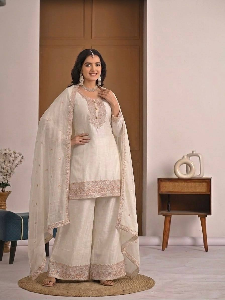 Ivory Heavy Crunchy Silk Embroidered Kurta Palazzo Set with Dupatta | Designer Wedding & Festive Wear