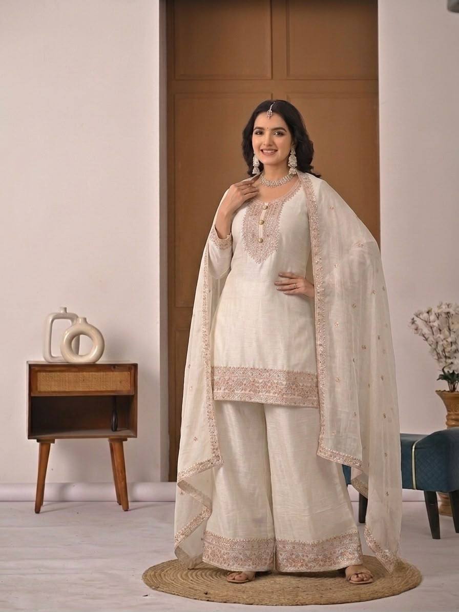 Ivory Heavy Crunchy Silk Embroidered Kurta Palazzo Set with Dupatta | Designer Wedding & Festive Wear