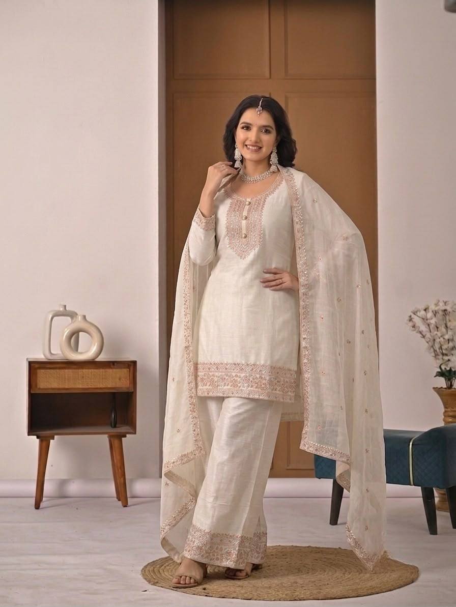 Ivory Heavy Crunchy Silk Embroidered Kurta Palazzo Set with Dupatta | Designer Wedding & Festive Wear