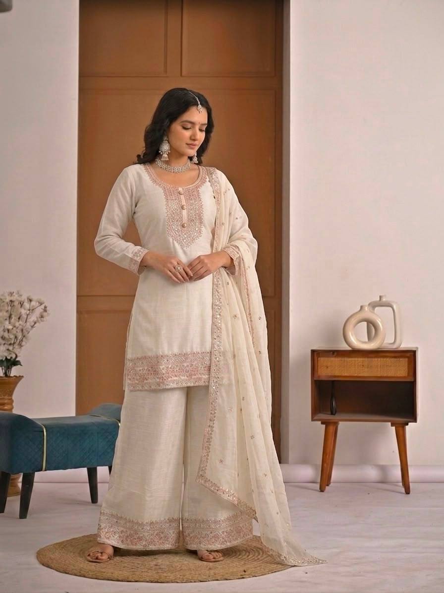 Ivory Heavy Crunchy Silk Embroidered Kurta Palazzo Set with Dupatta | Designer Wedding & Festive Wear