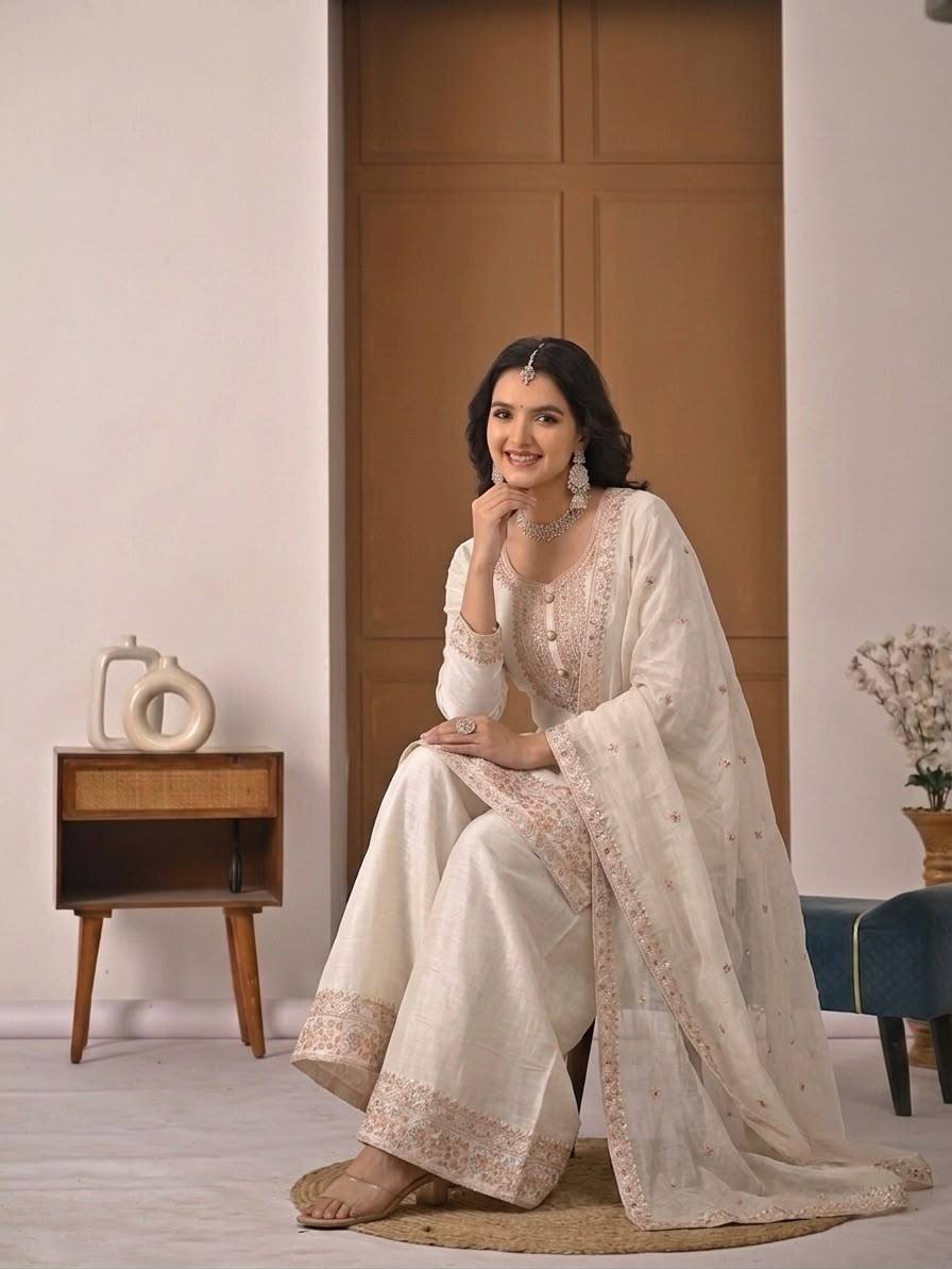 Ivory Heavy Crunchy Silk Embroidered Kurta Palazzo Set with Dupatta | Designer Wedding & Festive Wear