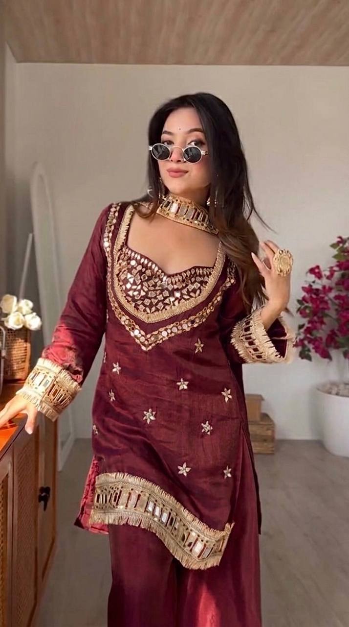 Royal Orange Mirror Work Sharara Set For Women
