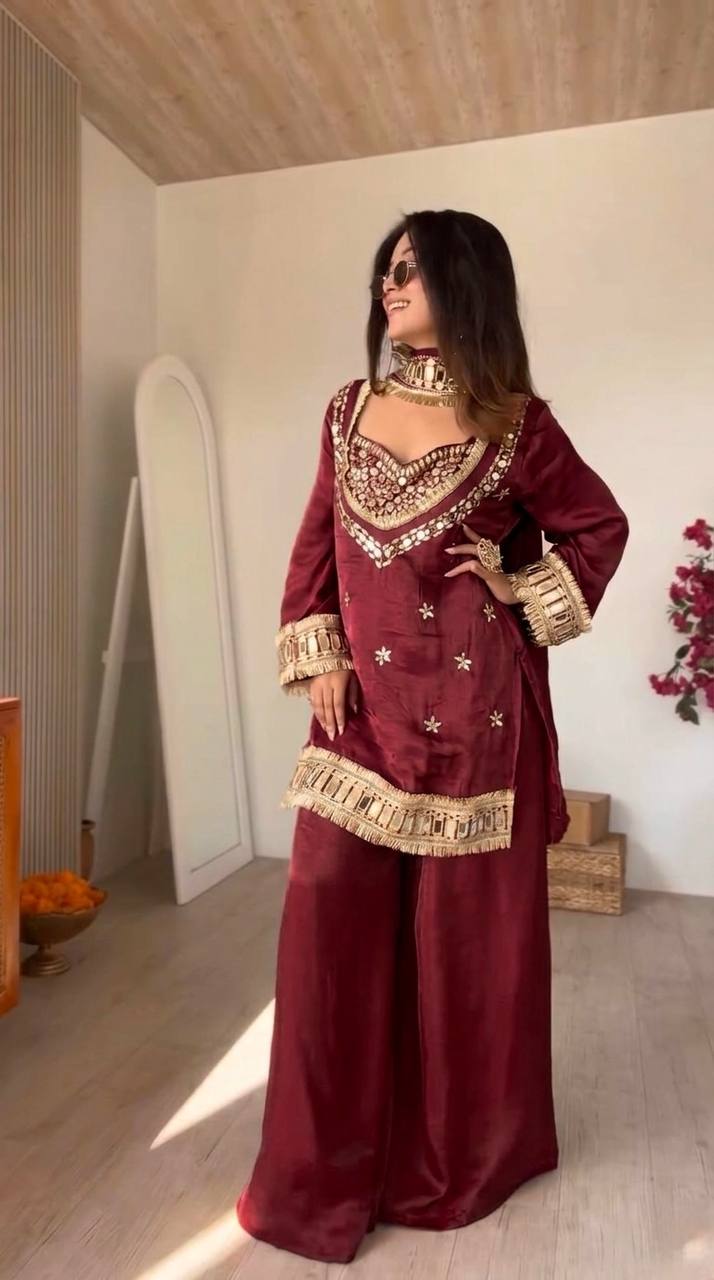 Royal Orange Mirror Work Sharara Set For Women