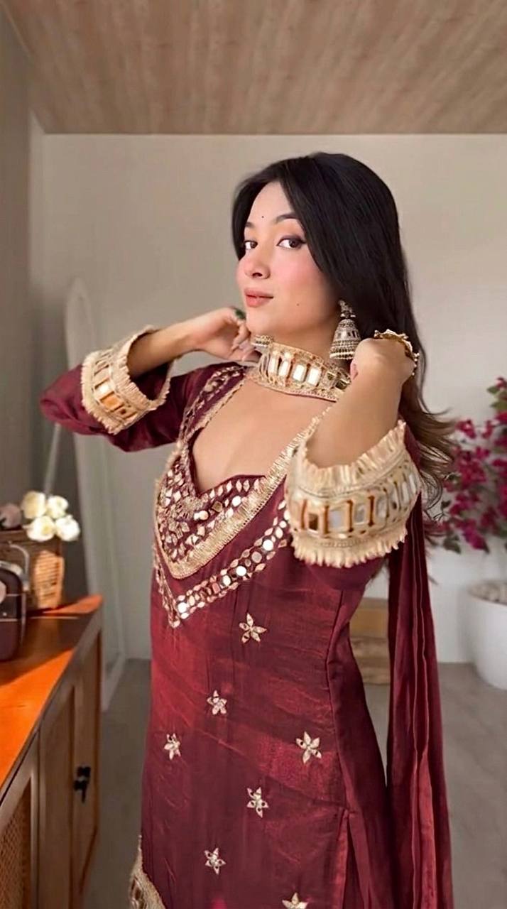 Royal Orange Mirror Work Sharara Set For Women