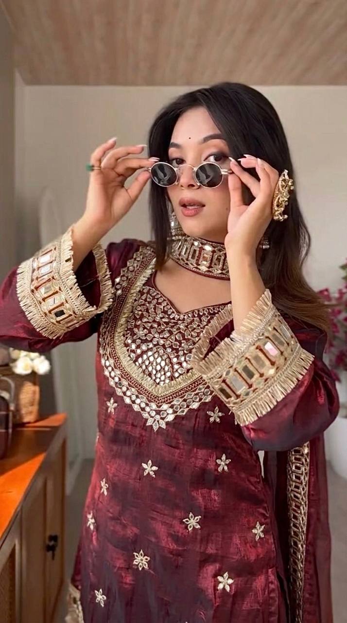 Royal Orange Mirror Work Sharara Set For Women