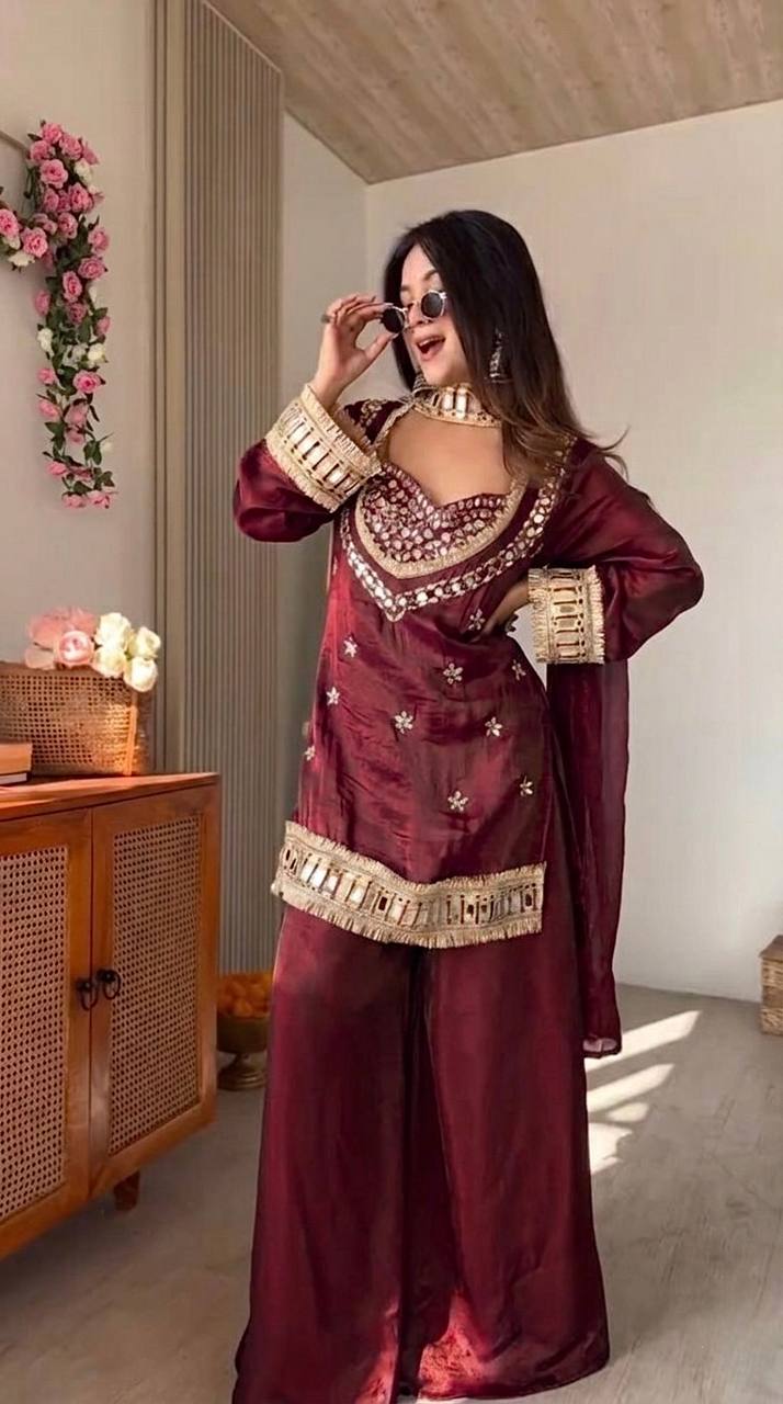 Royal Orange Mirror Work Sharara Set For Women