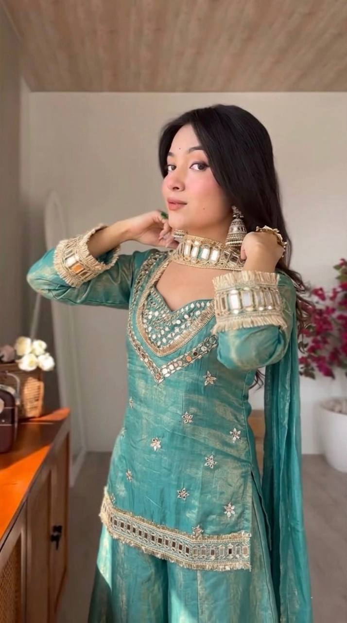 Royal Orange Mirror Work Sharara Set For Women