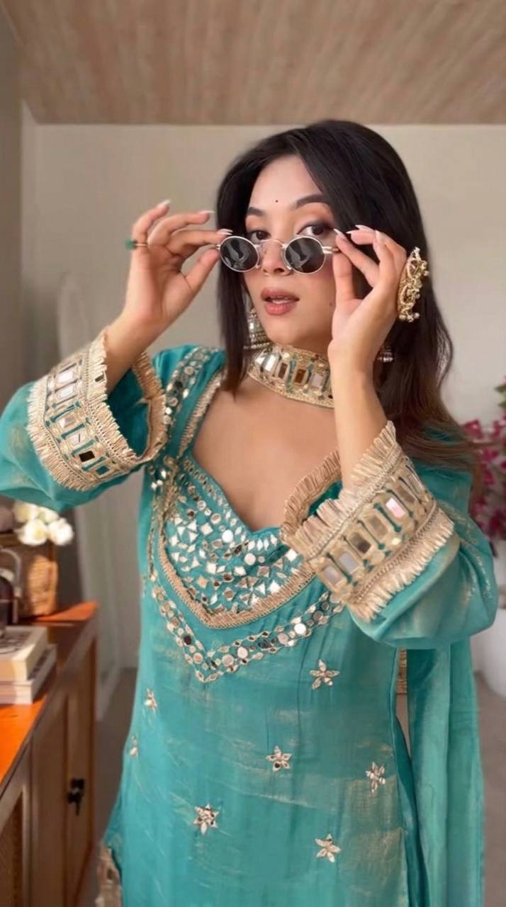 Royal Orange Mirror Work Sharara Set For Women