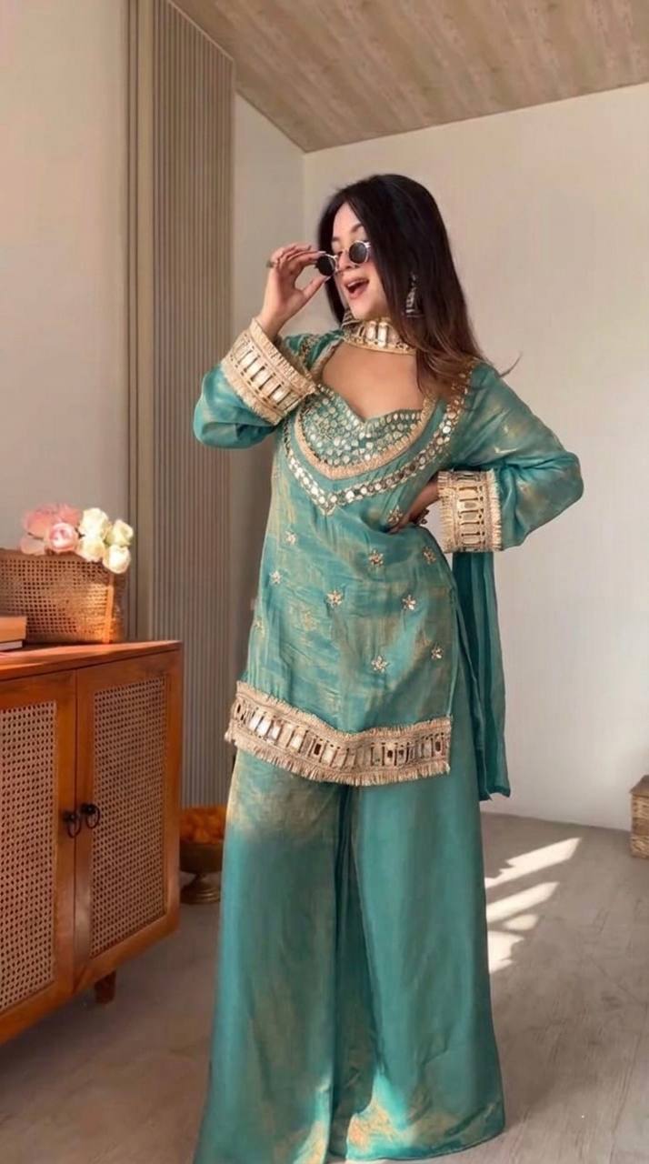 Royal Orange Mirror Work Sharara Set For Women