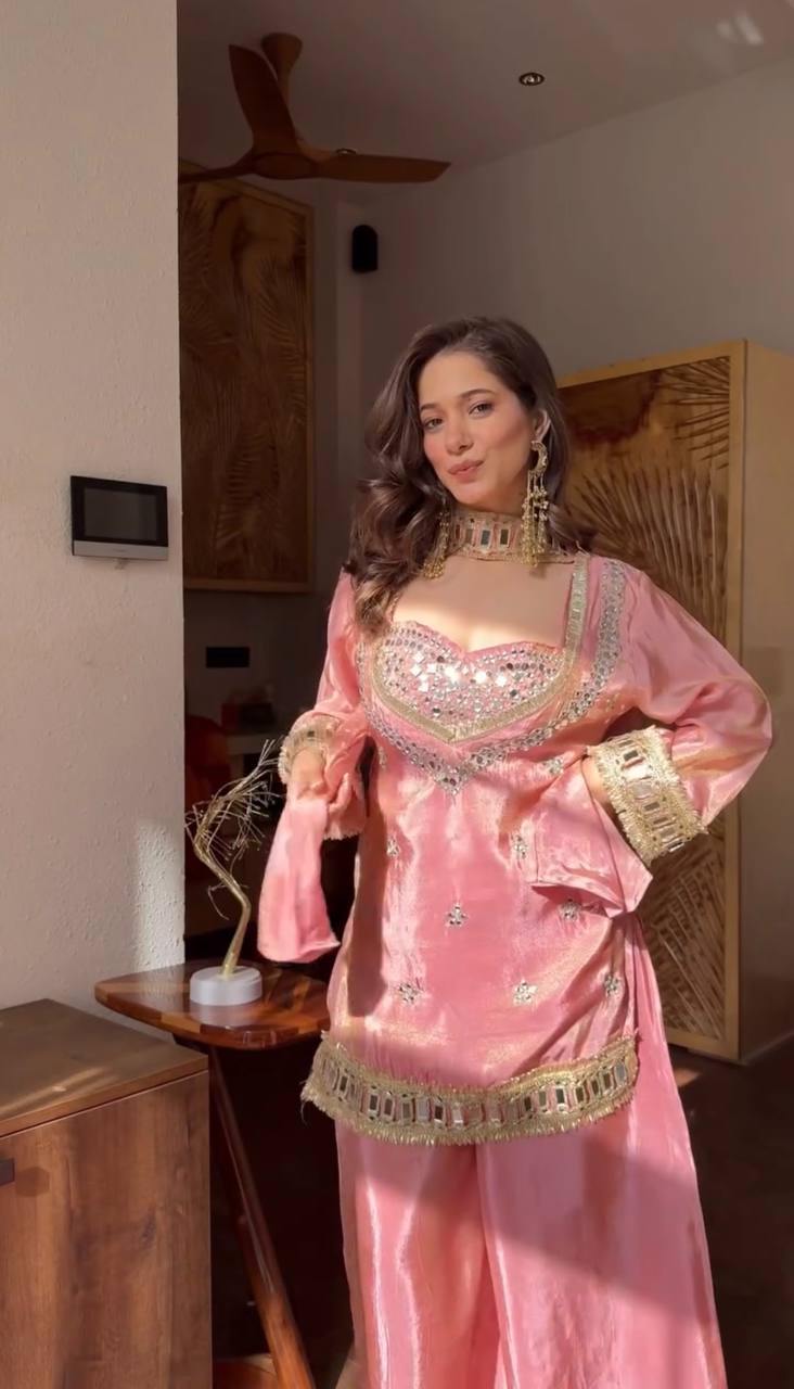 Royal Orange Mirror Work Sharara Set For Women