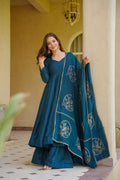 Premium Teal Blue Vichitra Silk Embroidered Anarkali Suit | Wedding & Party Wear