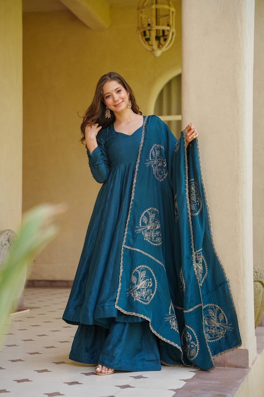 Premium Teal Blue Vichitra Silk Embroidered Anarkali Suit | Wedding & Party Wear