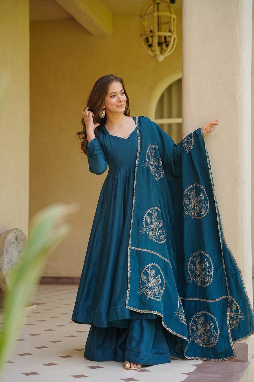 Premium Teal Blue Vichitra Silk Embroidered Anarkali Suit | Wedding & Party Wear