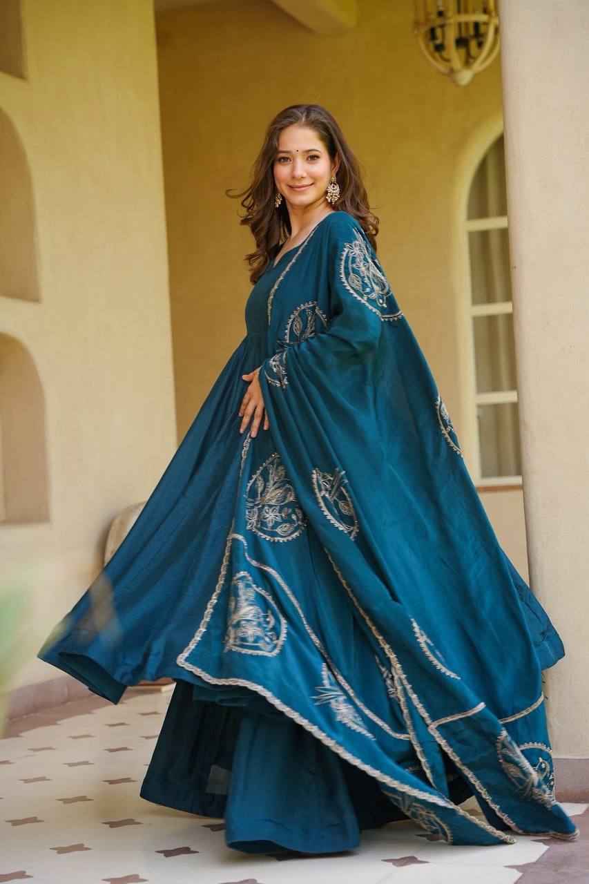 Premium Teal Blue Vichitra Silk Embroidered Anarkali Suit | Wedding & Party Wear