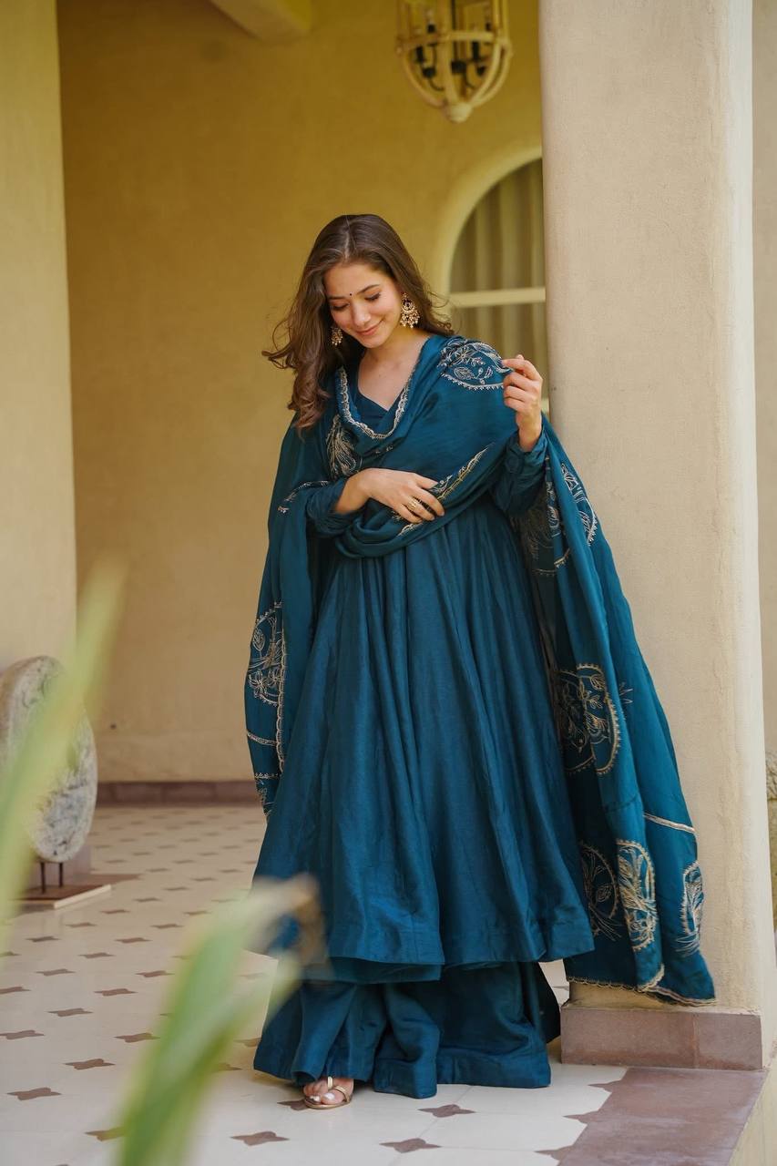 Premium Teal Blue Vichitra Silk Embroidered Anarkali Suit | Wedding & Party Wear