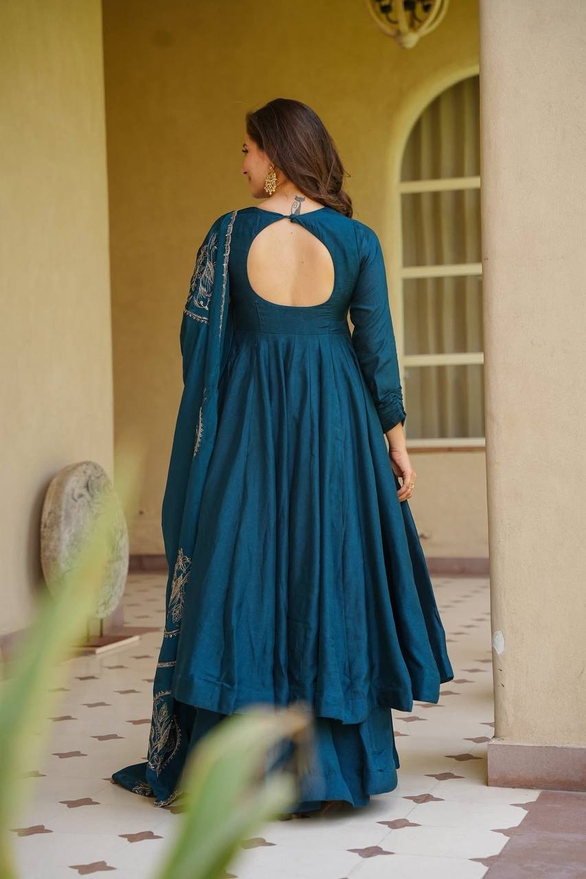 Premium Teal Blue Vichitra Silk Embroidered Anarkali Suit | Wedding & Party Wear
