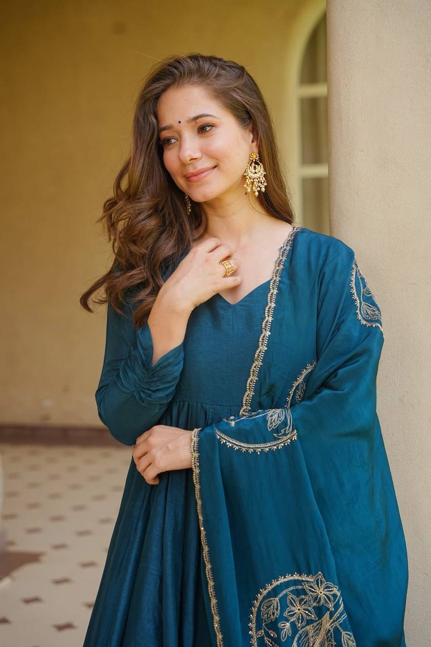 Premium Teal Blue Vichitra Silk Embroidered Anarkali Suit | Wedding & Party Wear