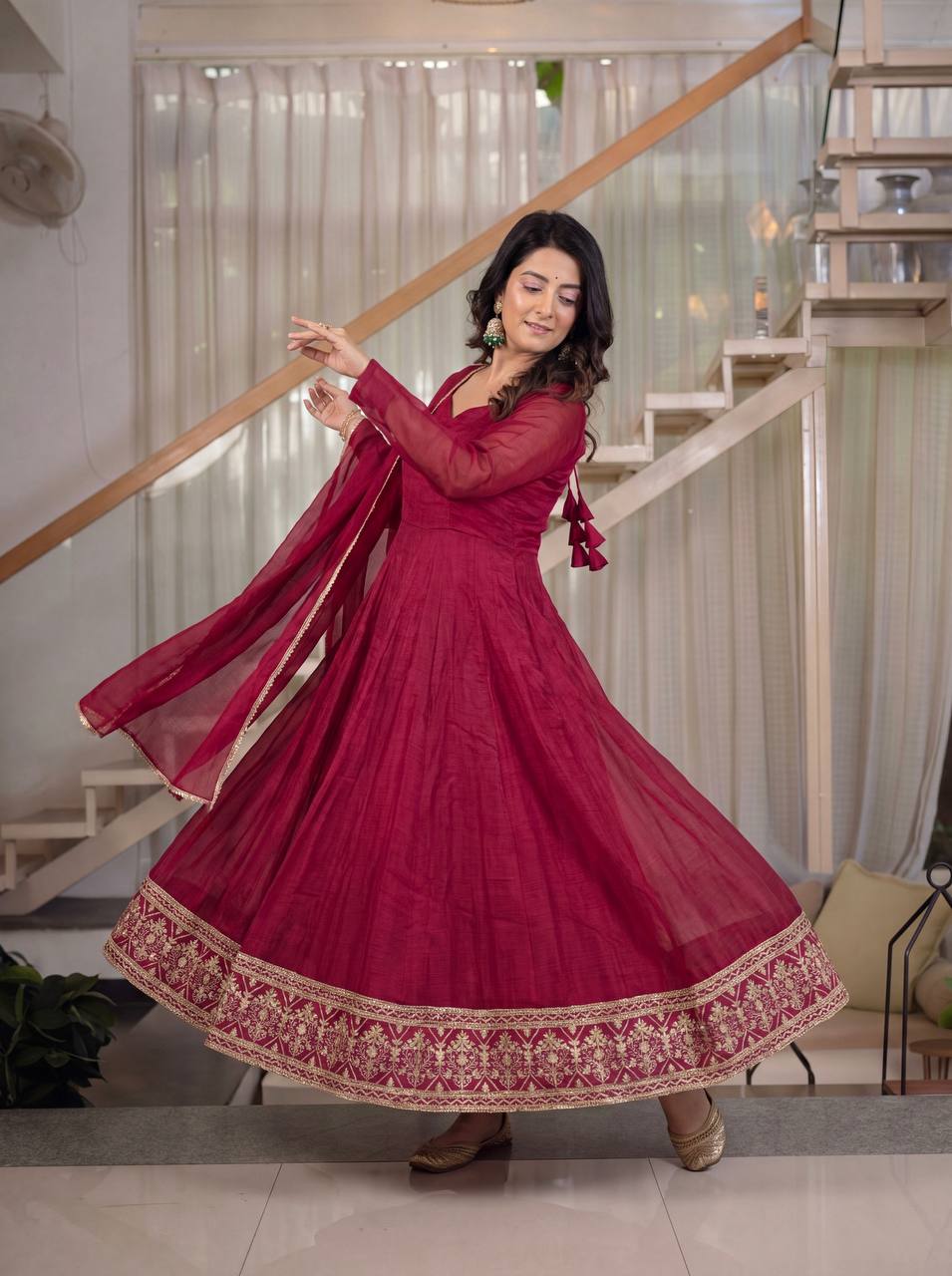 Wine Red Crunchy Silk Anarkali Suit Set | Sequence Embroidery | Silk Dupatta | Women's Party Wear