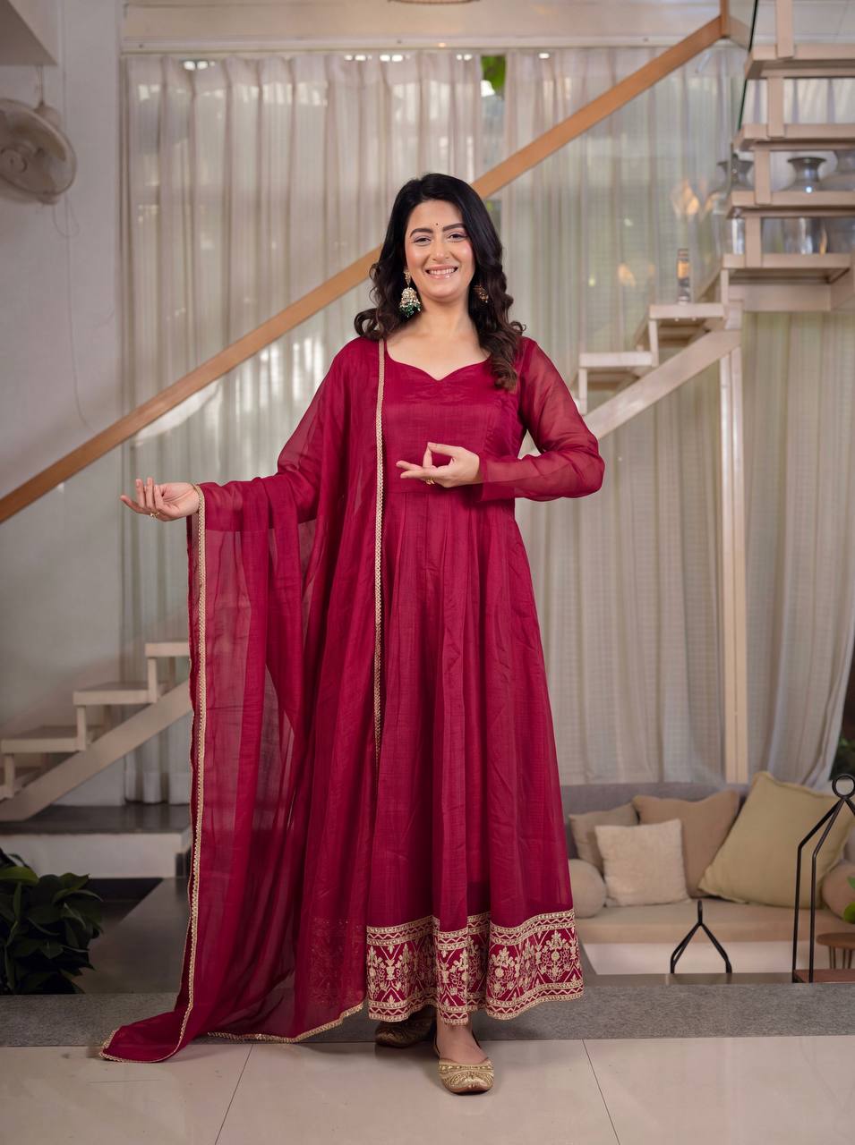 Wine Red Crunchy Silk Anarkali Suit Set | Sequence Embroidery | Silk Dupatta | Women's Party Wear