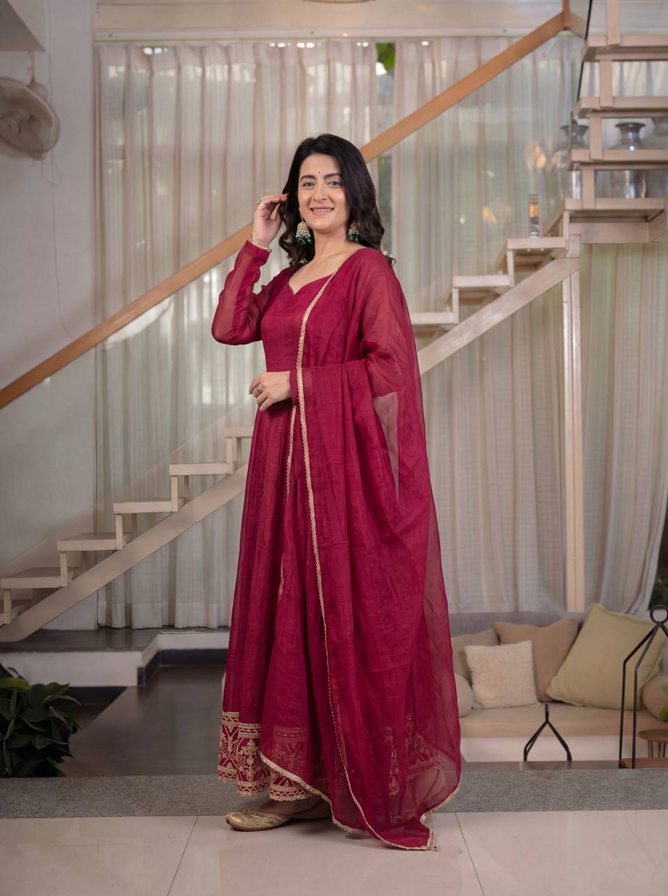Wine Red Crunchy Silk Anarkali Suit Set | Sequence Embroidery | Silk Dupatta | Women's Party Wear