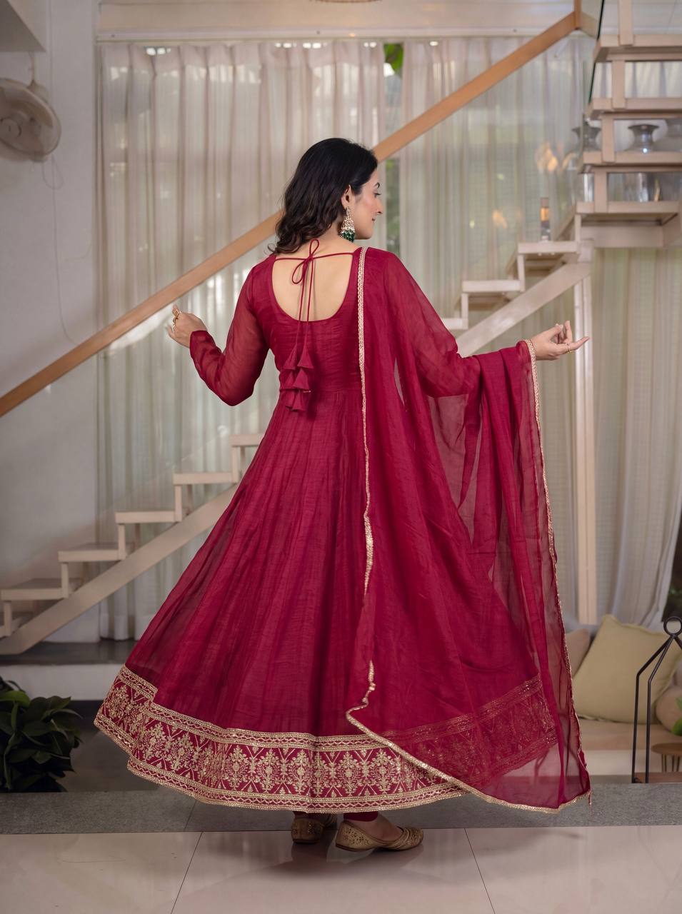 Wine Red Crunchy Silk Anarkali Suit Set | Sequence Embroidery | Silk Dupatta | Women's Party Wear