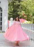 Designer Light Pink Vichitra Silk Fully Stitched Anarkali Suit with Pant & Dupatta | Designer Party Wear