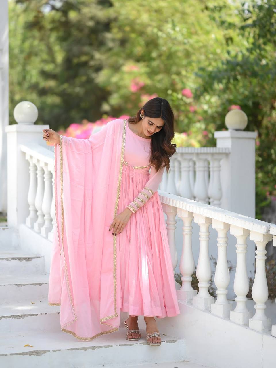 Designer Light Pink Vichitra Silk Fully Stitched Anarkali Suit with Pant & Dupatta | Designer Party Wear