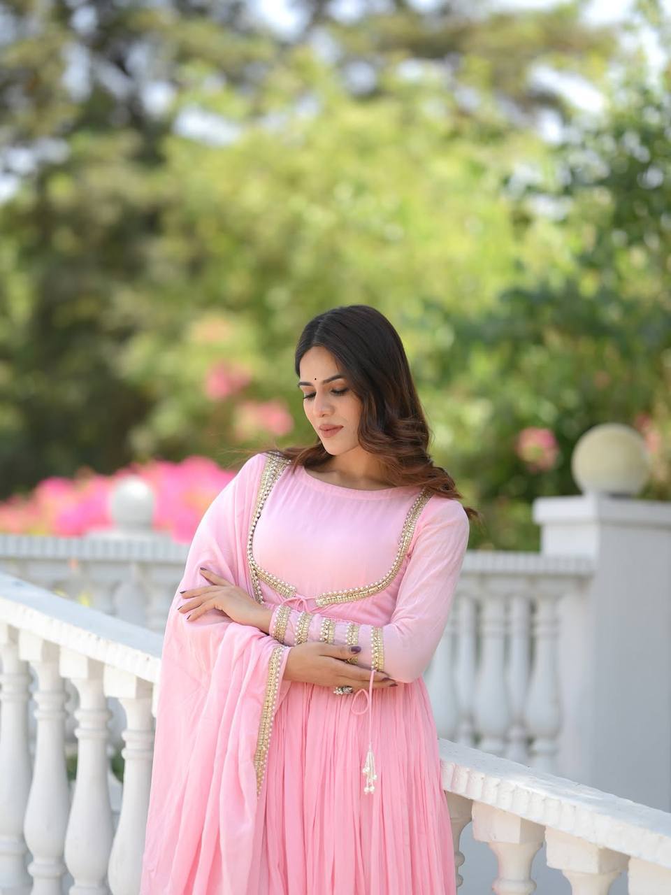 Designer Light Pink Vichitra Silk Fully Stitched Anarkali Suit with Pant & Dupatta | Designer Party Wear