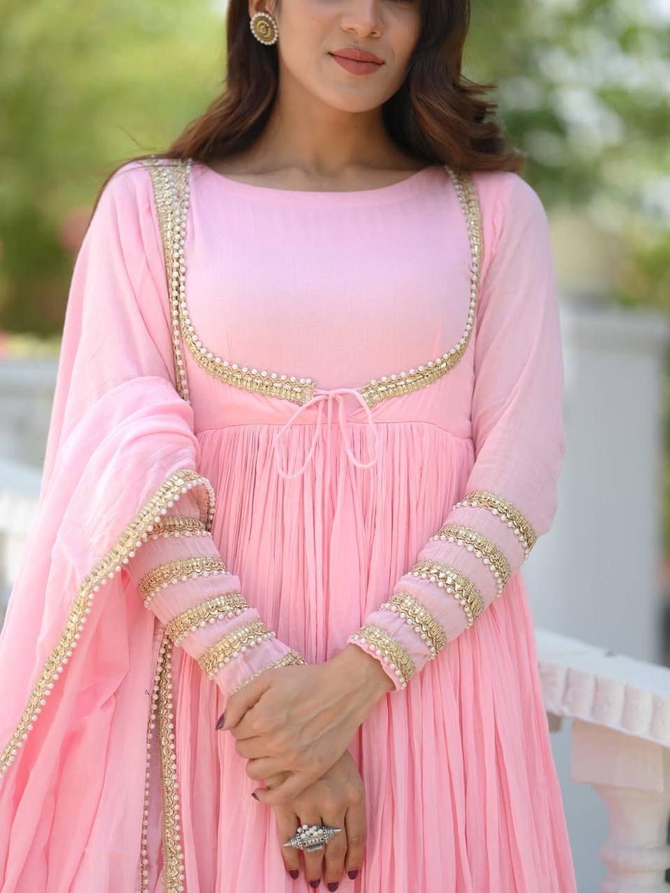 Designer Light Pink Vichitra Silk Fully Stitched Anarkali Suit with Pant & Dupatta | Designer Party Wear