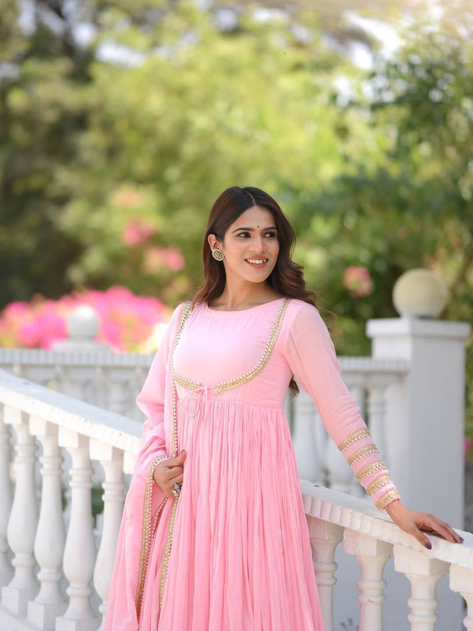 Designer Light Pink Vichitra Silk Fully Stitched Anarkali Suit with Pant & Dupatta | Designer Party Wear