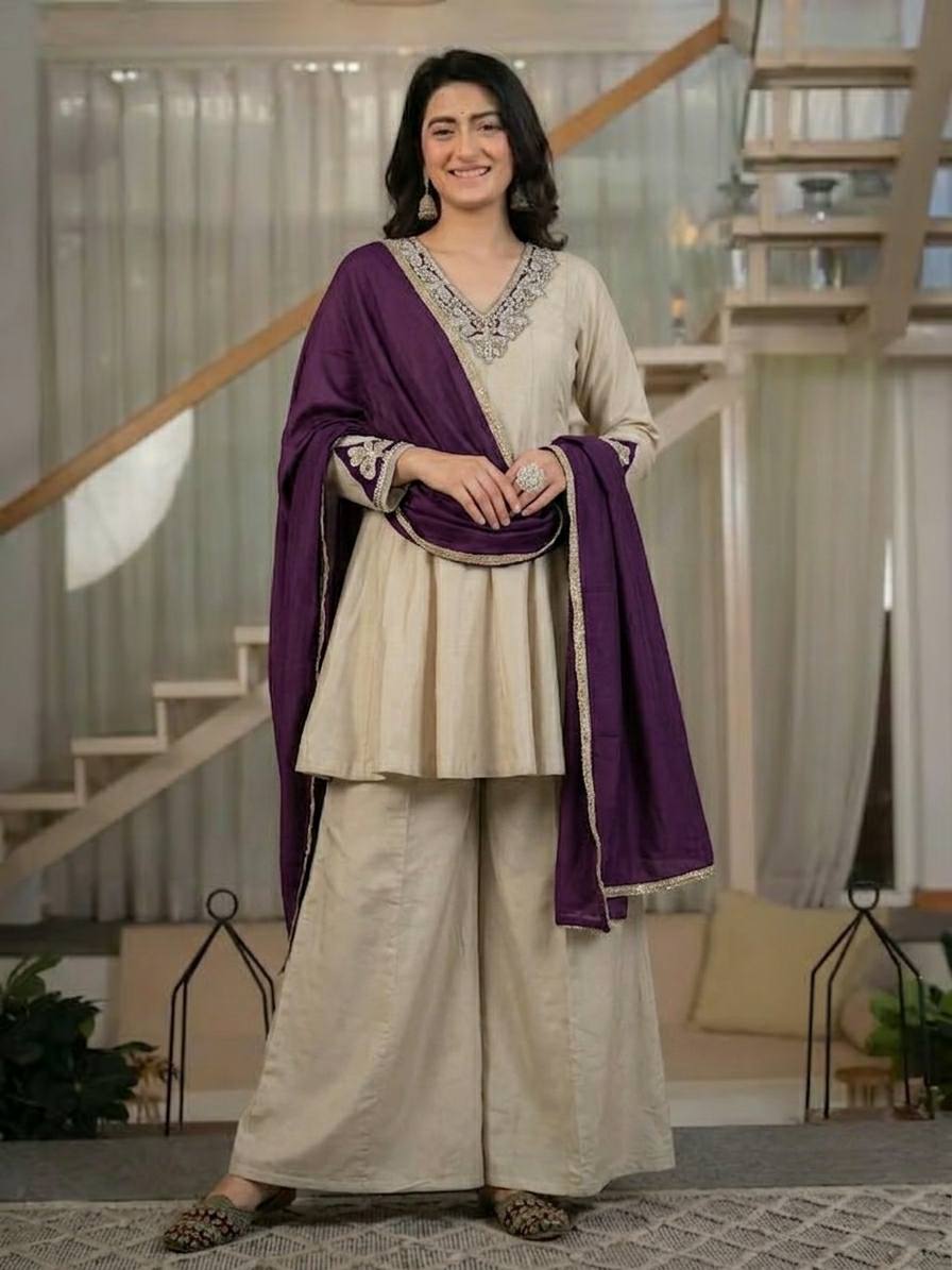 Designer Party Wear Beige Heavy Roman Silk Embroidered Kurta Sharara Set with Chinnon Silk Dupatta