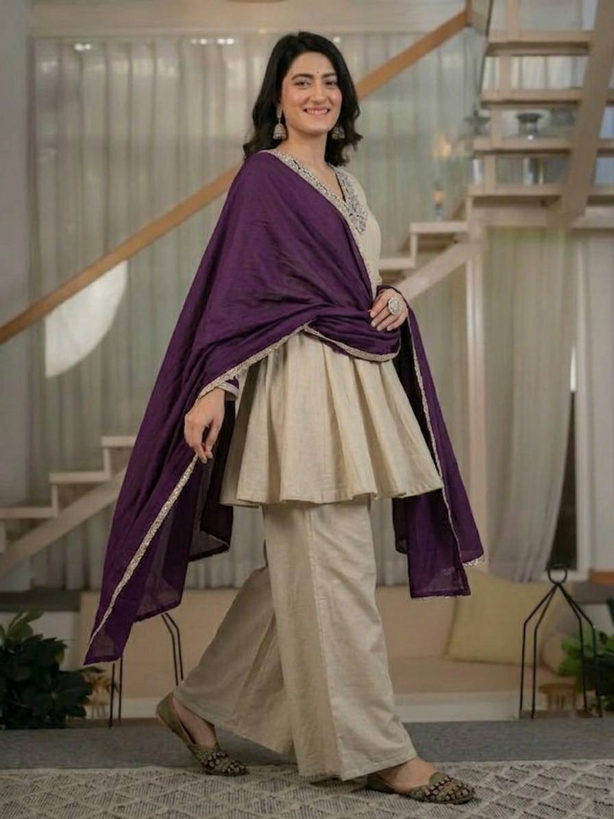 Designer Party Wear Beige Heavy Roman Silk Embroidered Kurta Sharara Set with Chinnon Silk Dupatta