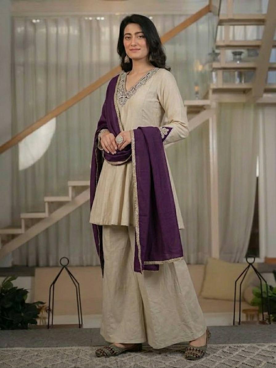 Designer Party Wear Beige Heavy Roman Silk Embroidered Kurta Sharara Set with Chinnon Silk Dupatta