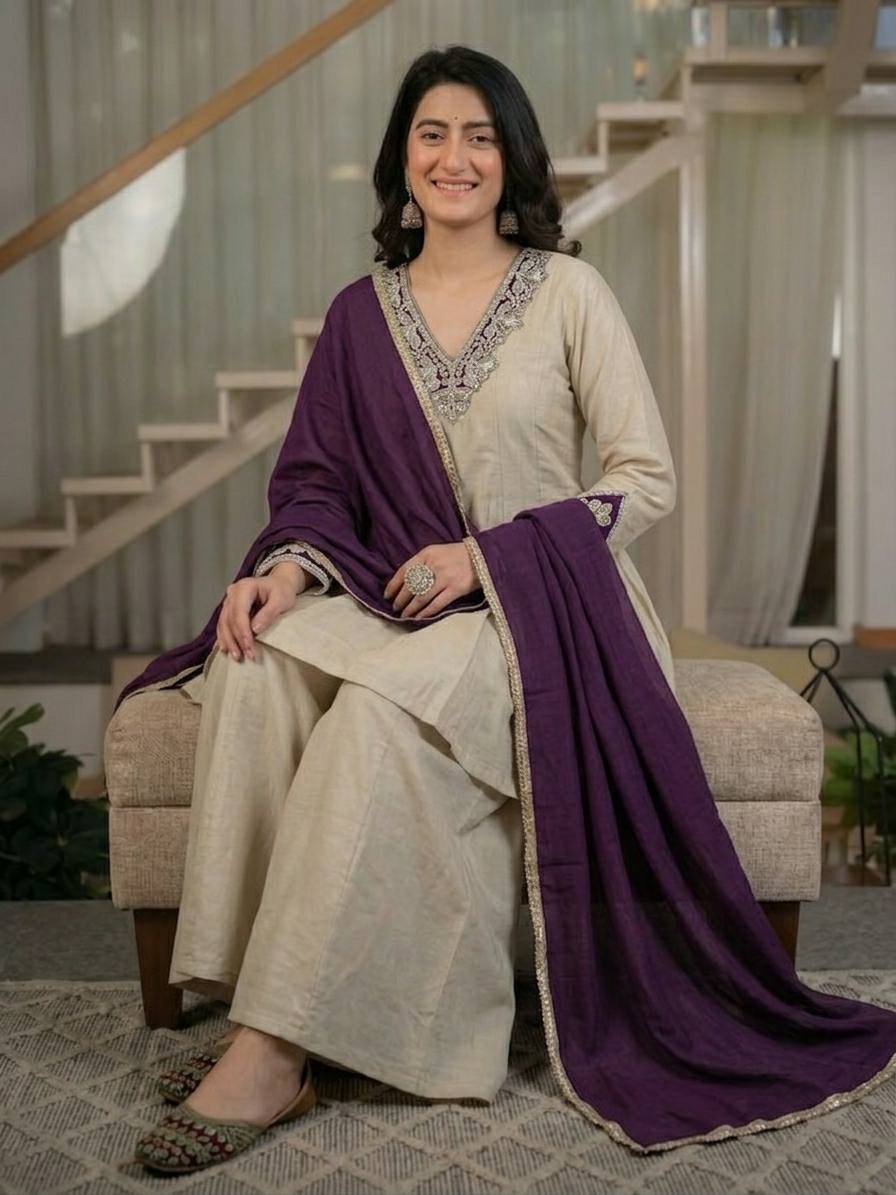 Designer Party Wear Beige Heavy Roman Silk Embroidered Kurta Sharara Set with Chinnon Silk Dupatta