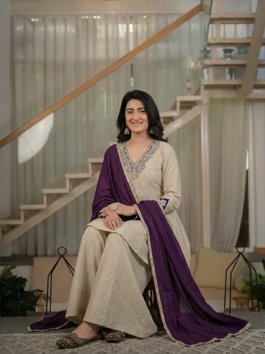 Designer Party Wear Beige Heavy Roman Silk Embroidered Kurta Sharara Set with Chinnon Silk Dupatta