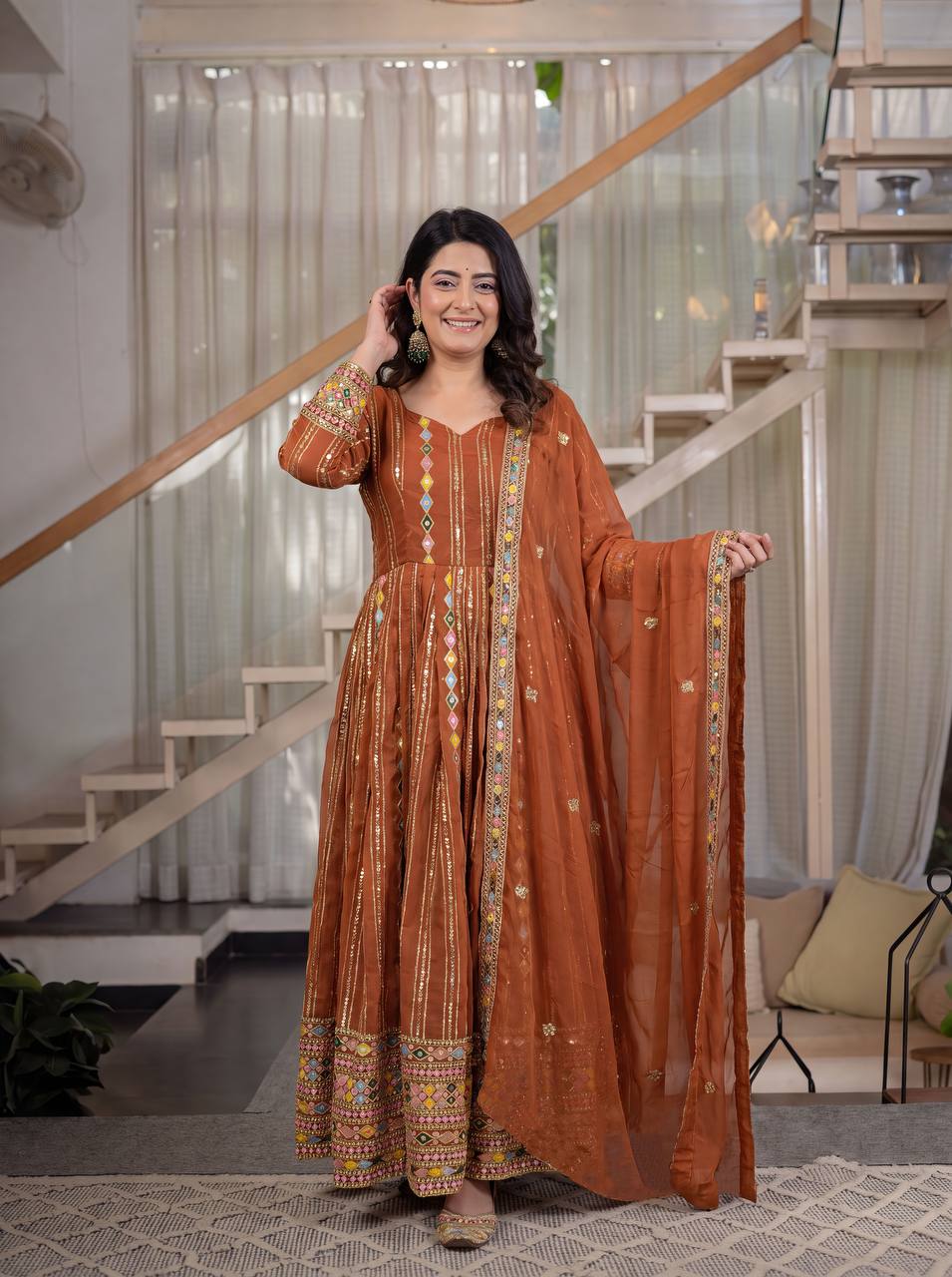 Rust Orange Heavy Georgette Sequins Embroidered Anarkali Suit with Pant & Dupatta | Designer Festive Wear
