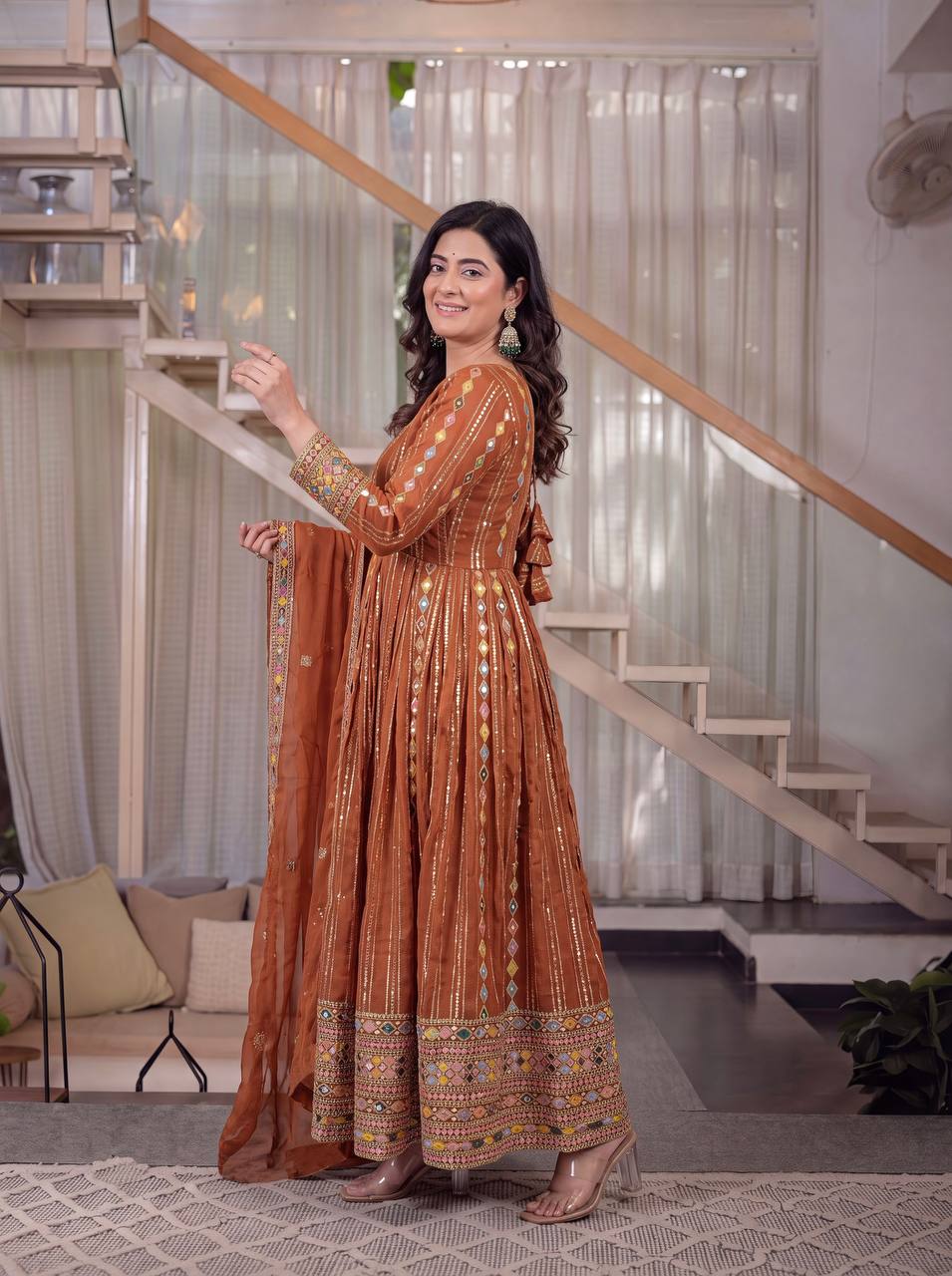 Rust Orange Heavy Georgette Sequins Embroidered Anarkali Suit with Pant & Dupatta | Designer Festive Wear