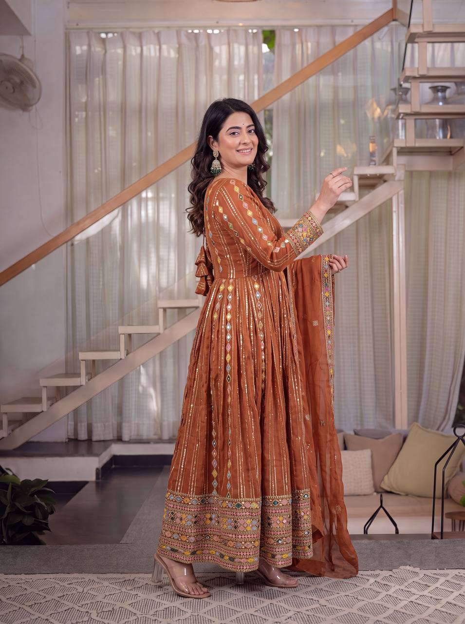 Rust Orange Heavy Georgette Sequins Embroidered Anarkali Suit with Pant & Dupatta | Designer Festive Wear
