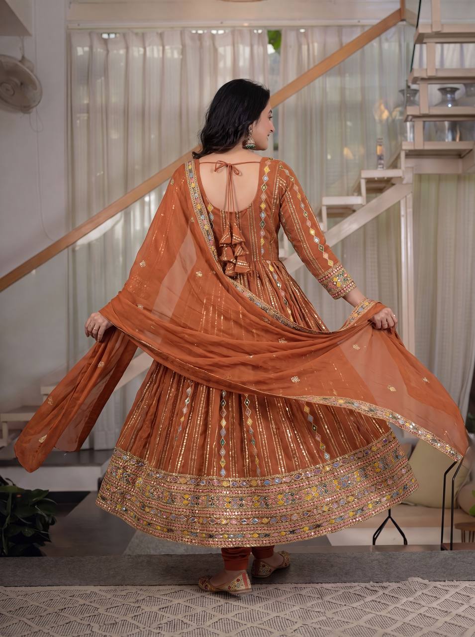 Rust Orange Heavy Georgette Sequins Embroidered Anarkali Suit with Pant & Dupatta | Designer Festive Wear